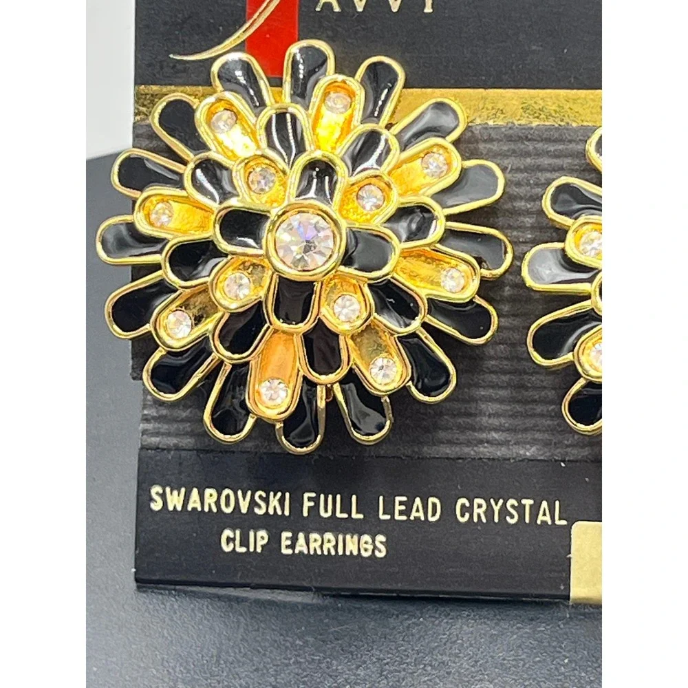 Vintage Swarovski Black Enamel and Gold Starburst Full Lead Clip On Earrings NOS